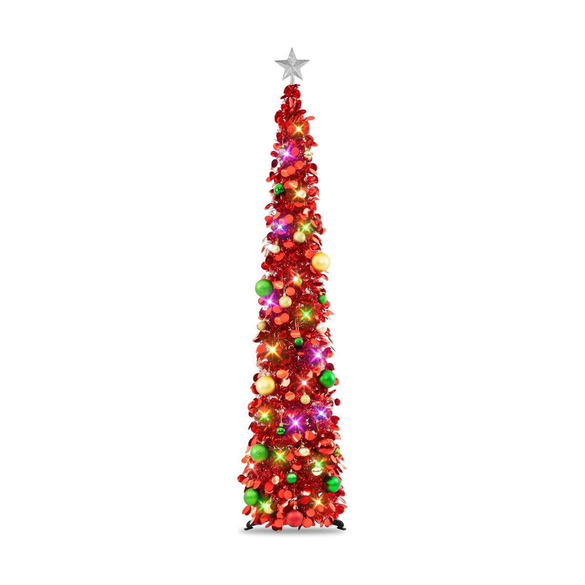N&T NIETING Pop Up Christmas Tree with Lights & Ornaments, 6FT, Red