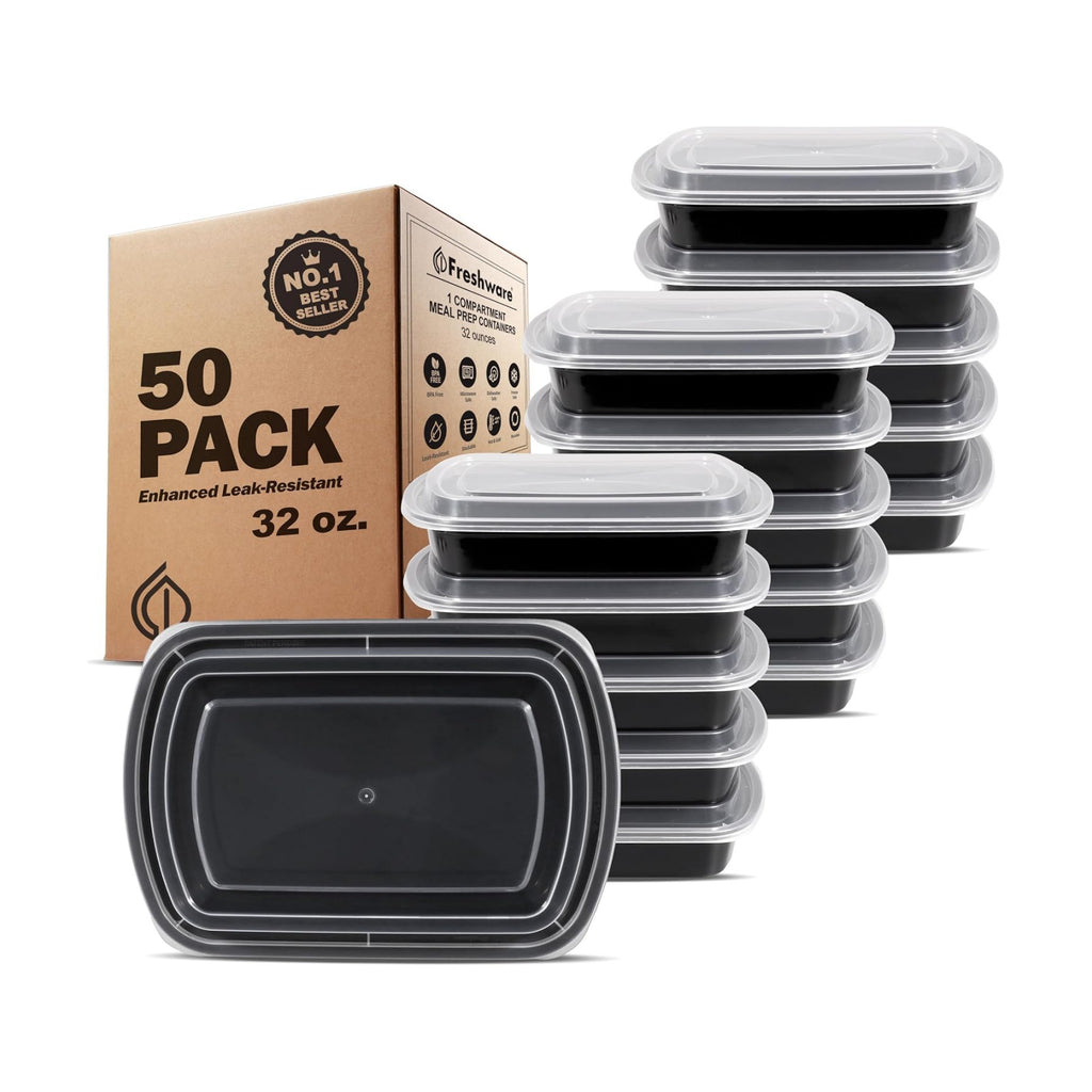 Freshware Meal Prep Containers [50 Pack] 1 Compartment with Lids, Food Storage Containers, Bento Box, BPA Free, Stackable, Microwave/Dishwasher/Freezer Safe (32 oz)