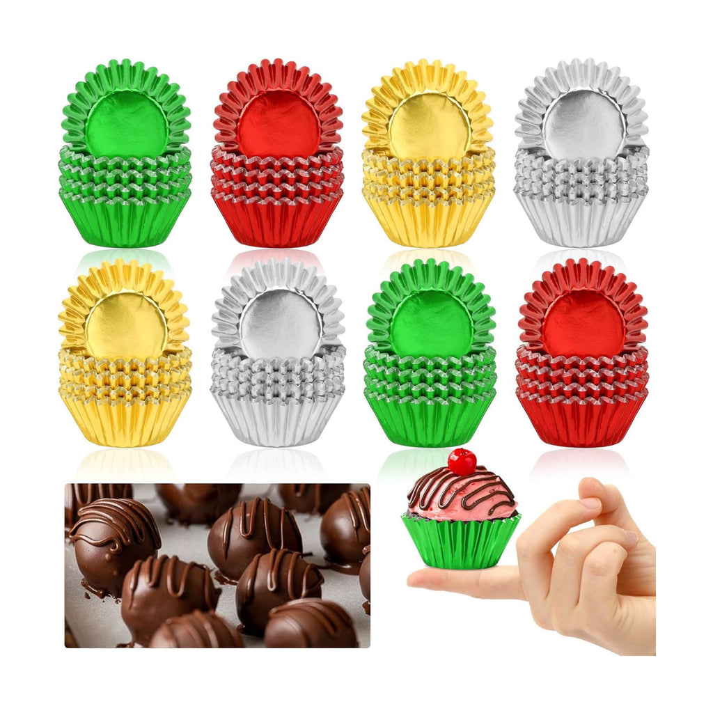 AUGSUN 400pcs Christmas Mini Foil Cupcake Liners Golden Red Green Silver