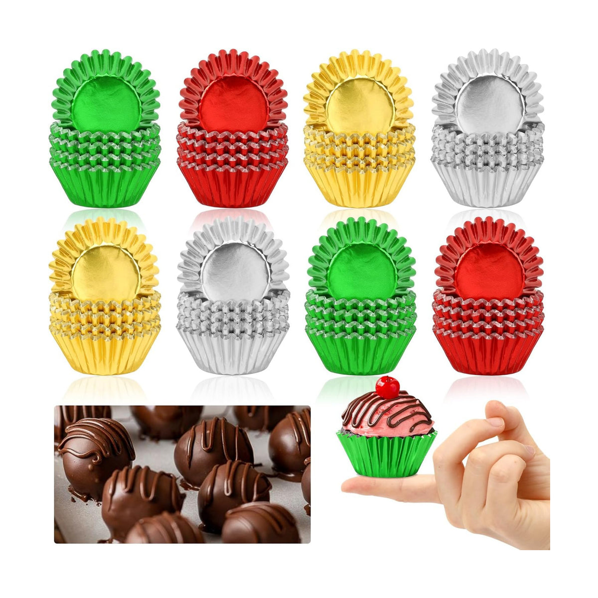 AUGSUN 400pcs Christmas Mini Foil Cupcake Liners Golden Red Green Silver