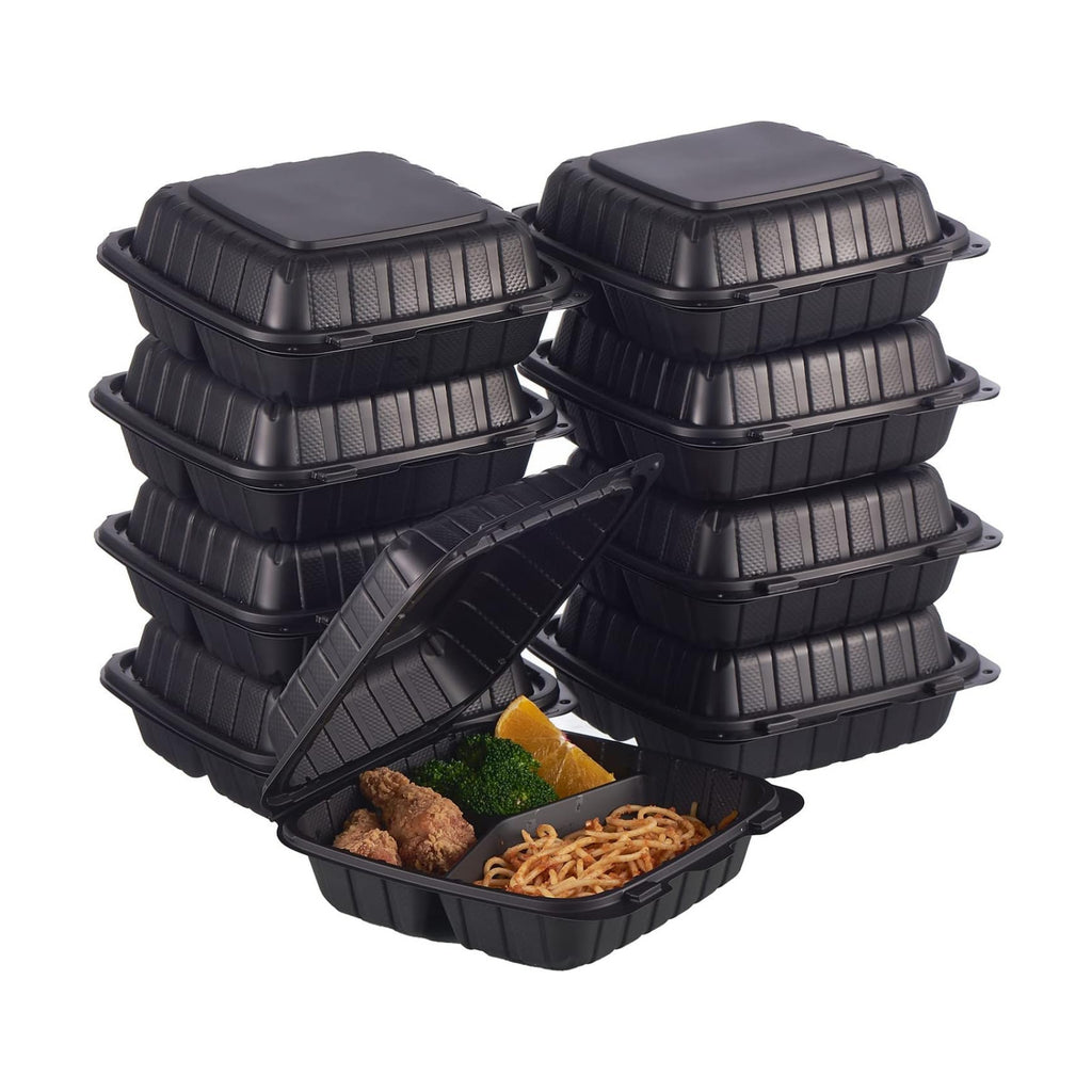 Jaluxing 8X8 3-Compartment 50-Pack Plastic Clamshell Takeout Food Trays Heavy Duty Togo Disposable Box Carryout Meal Prep Packaging Catering Hinged Containers With Secure Snap Lid (Formerly FULING)