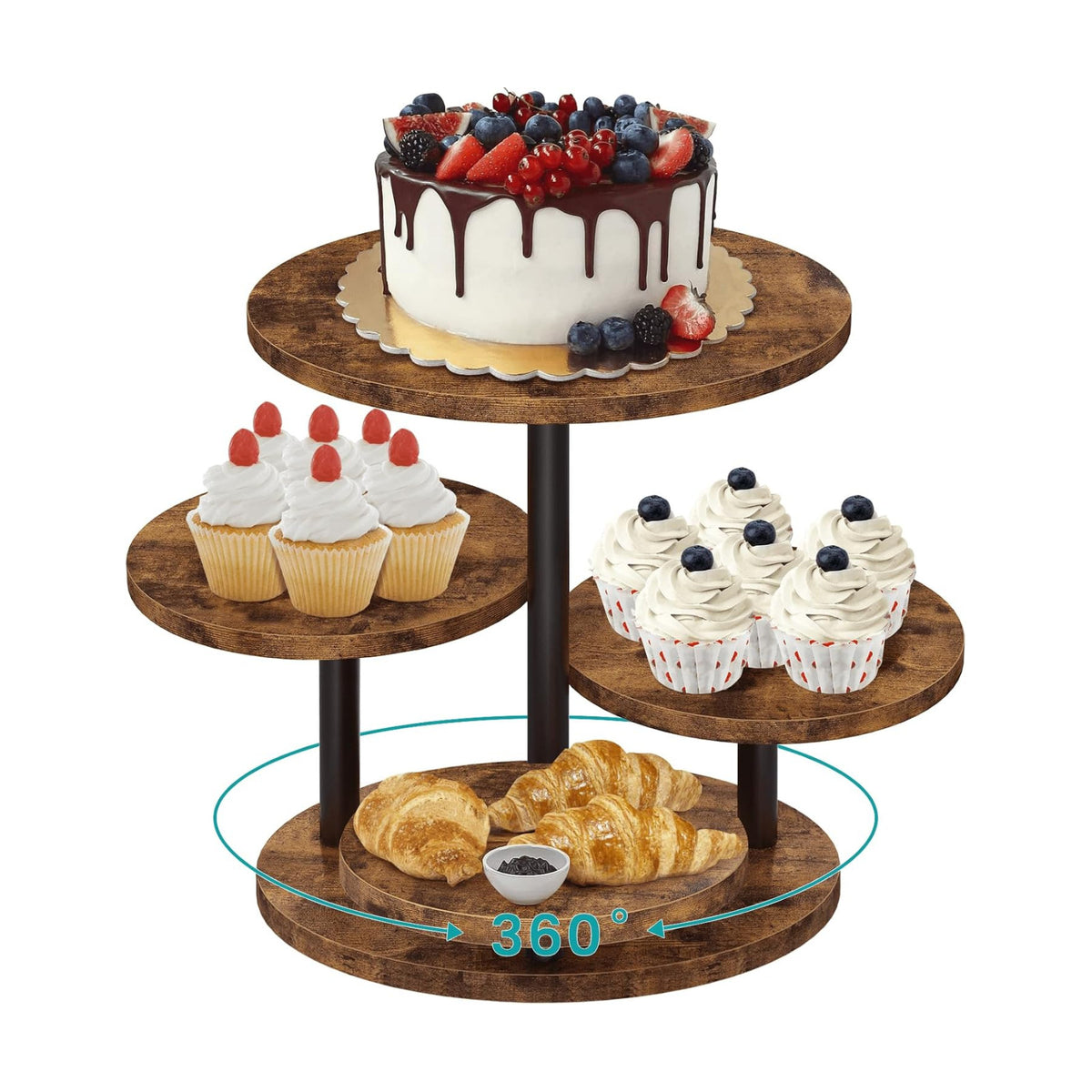 ELITEROO 4 Tier Round Cupcake Tower Stand for 50 Cupcakes, 360° Rotating Wood Cake Stand with Tiered Trays, Farmhouse Cookie Stand for Dessert Table Display for Wedding Birthday Baby Shower Tea Party