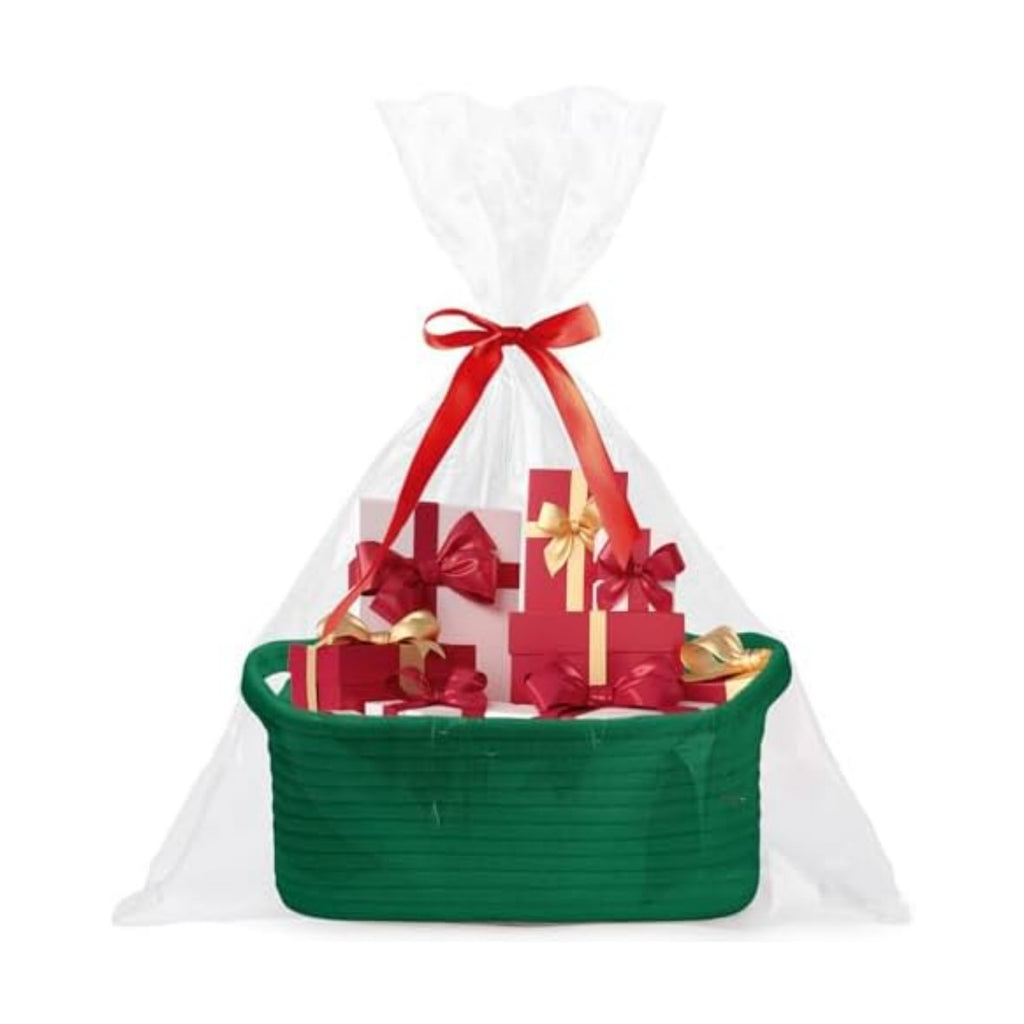 Poschnor Gift Basket with Gift Bags and Ribbons, Small Woven Rope Toy Storage Basket for Baby and Pet, 12"X 8" X 5", Green