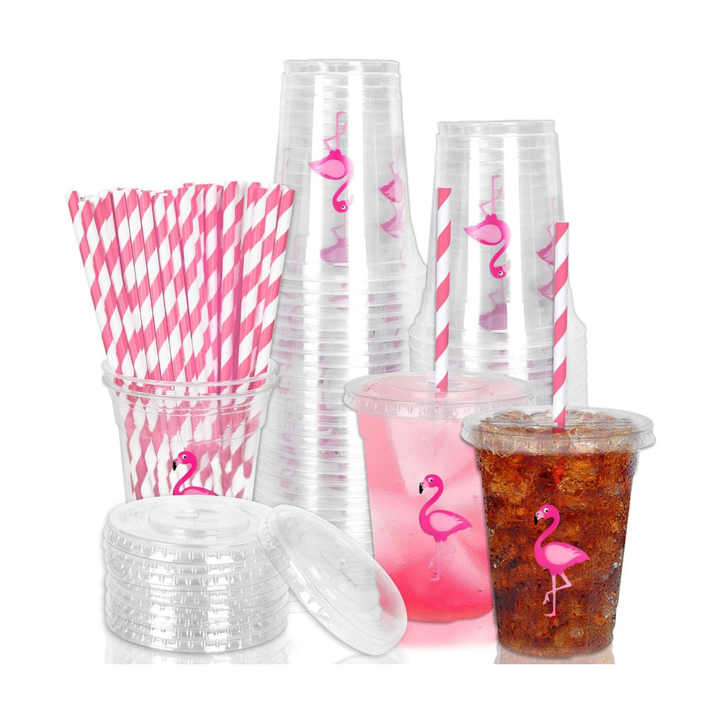 Whaline 50Pcs Flamingo Disposable Plastic Cups with Lids and Straws 12 Oz Pink Flamingo Cold Beverage Drinking Cups for Summer Tropical Hawaiian Birthday Bachelorette Bridal Shower