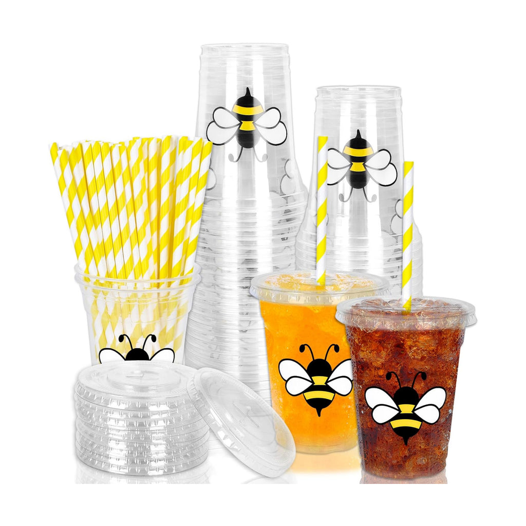 Whaline 50Pcs Bee Disposable Plastic Cups With Lids and Straws 12 Oz Cute Bee Cold Beverage Drinking Cups for Baby Shower Birthday Party Supplies