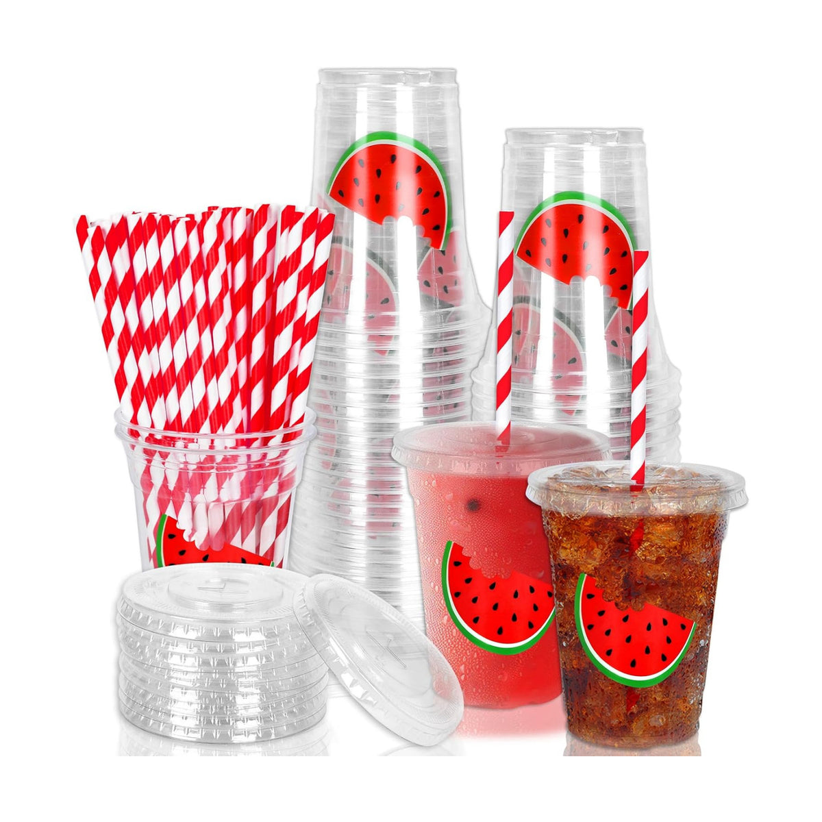 Whaline 50Pcs Watermelon Disposable Plastic Cups with Lids and Straws 12 Oz Red Watermelon Cold Beverage Drinking Cups for Summer Fruit Birthday Party Supplies
