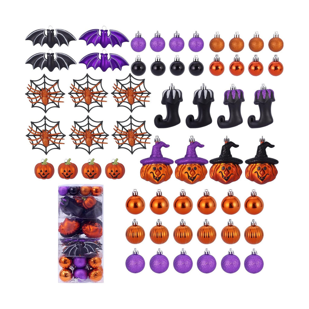 56pcs Halloween Hanging Ornaments for Tree Decorations, Shatterproof Plastic Hanging Halloween Ball Pendants with Pumpkin, Witches Hat Signs, Halloween Tree Decor Party, Holiday, Home (Multi New)
