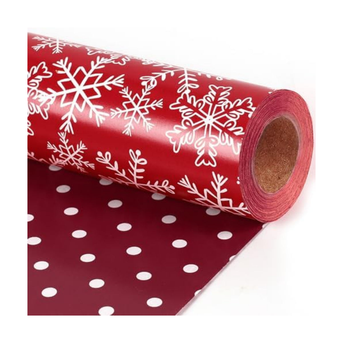 LaRibbons Reversible Christmas Wrapping Paper, White Dots Snowflakes on Red