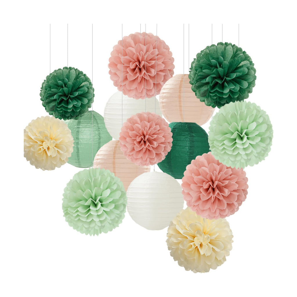 Sage-Green Pink Party-Decorations Paper-Flowers Lanterns - 15PCS Birthday Boho Rustic Tissue Pom Poms Streamers,Baby Shower Neutral Wedding Graduation Bridal Safari Hanging Supplies Decor Hugfond