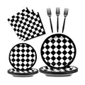96 Pieces Racing Theme Party Supplies - Black and White Checkered Pattern Disposable Tableware with Paper Plates, Napkins, Forks for Race Car Dirt Bike Birthday Decorations, Sports Events Celebrations