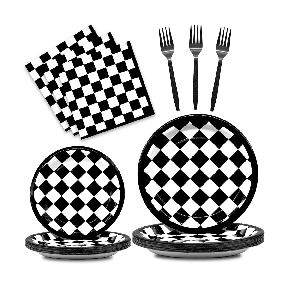 96 Pieces Racing Theme Party Supplies - Black and White Checkered Pattern Disposable Tableware with Paper Plates, Napkins, Forks for Race Car Dirt Bike Birthday Decorations, Sports Events Celebrations