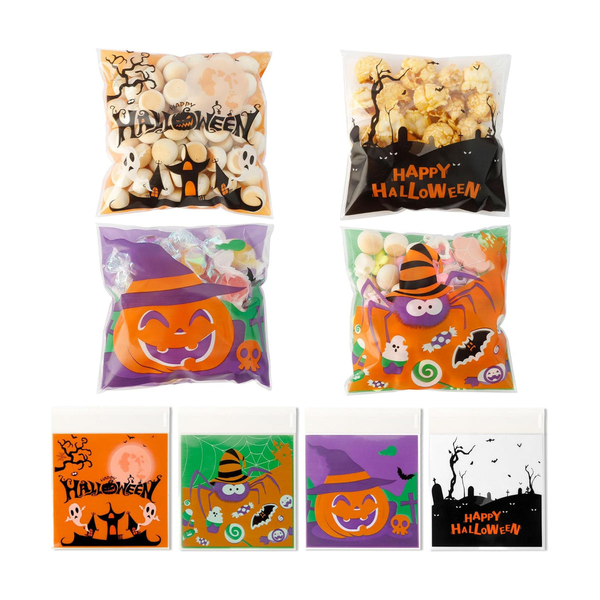 100 PCS Halloween Treat Ziplock bags(4x4 Inch) Self-sealing Candy Cookie Goodie Goody Small Gift Wrap Bags for Halloween Party Favors Supplies Decorations Spider Web Bat Pumpkin Pouches Table Decor
