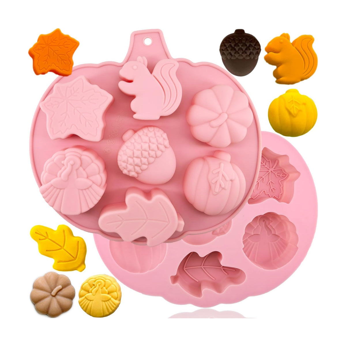 2Pcs 3D Pumpkin Silicone Mold Fall Silicone Mold Halloween Thanksgiving Candy Mold Autumn Maple Leaf Acorn shape Chocolate Candy Cake Pan Baking Tray Molds for Cake Decoration cupcake Topper Resin