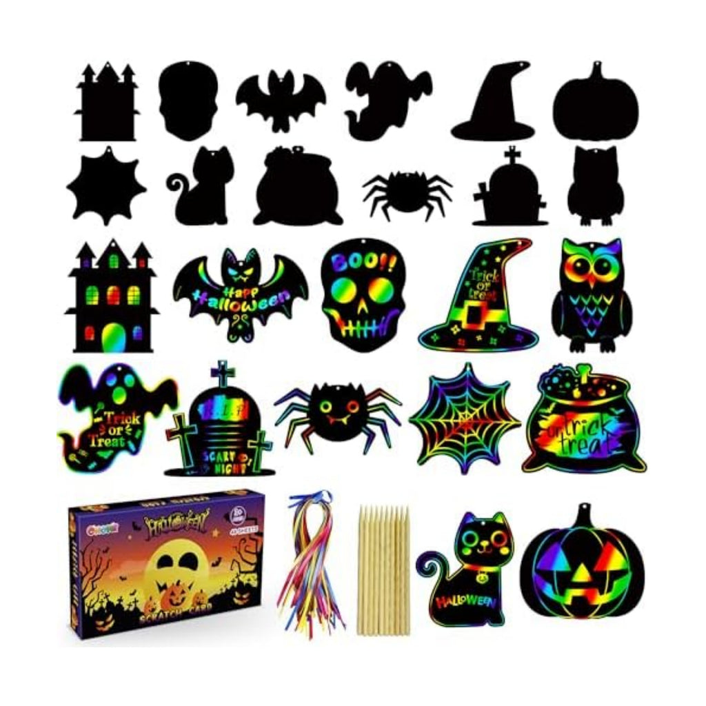 OHOME Halloween Party Favors - 48 PCS Magic Rainbow Scratch Paper Cards Set for Kids - Kids Halloween Games Crafts Treats Toys Gifts - Trick-or-Treat Activities Party Decorations Supplies