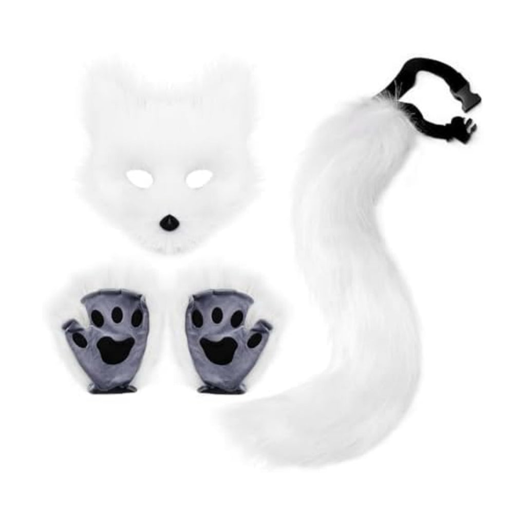 JUNBOON Faux Fur Cat Ears and Wolf Fox Tail Set Adult Kids Claw Glove Kit for Halloween Anime Cosplay Party
