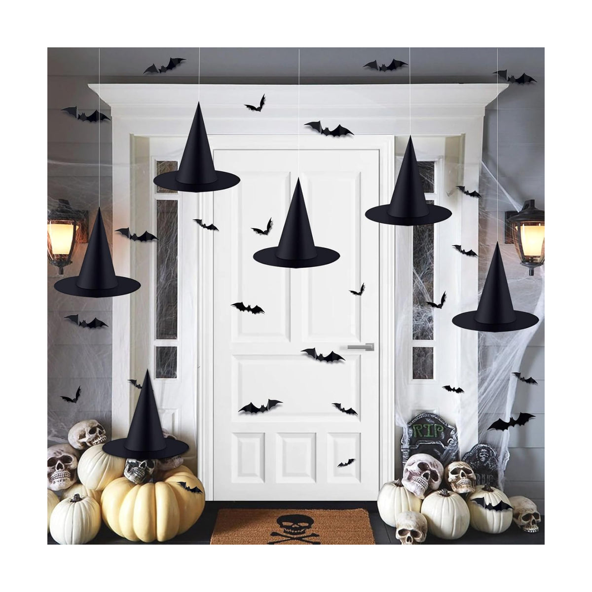 6PCS Halloween Witch Hats 98 FT Nylon Cord 24 Bats for Porch Yard Deco