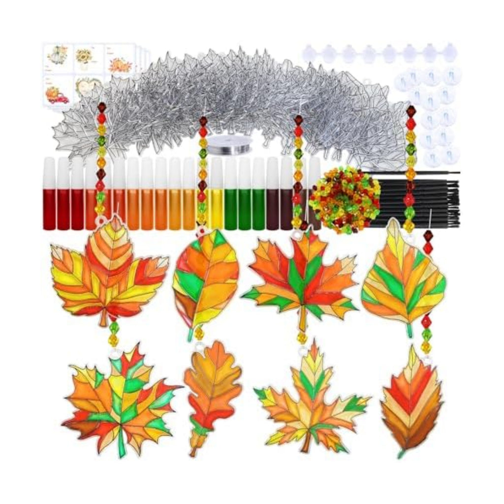 Winlyn 24 Sets Fall Leaf Suncatchers Ornaments DIY Window Paint Art Fall Craft Kits Maple Leaf Sun Catchers Painting Kits for Kids Classroom Activities Art Project Thanksgiving Autumn Party Decoration