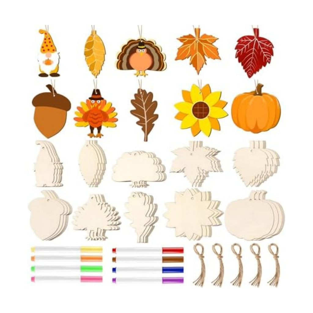 DECYOOL 50 Pcs Thanksgiving Fall Wooden Ornaments Autumn Wood Slices