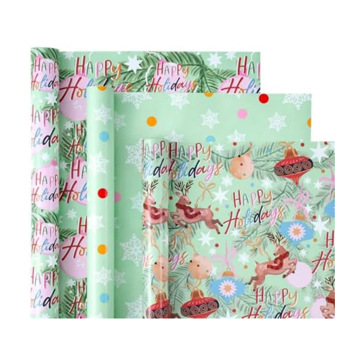 WRAPAHOLIC Christmas Wrapping Paper Roll - Mini Roll - 3 Rolls - 17 Inch X 120 Inch Per Roll - Happy Holiday Lettering with Christmas Ball and Elk, Snowflakes Holiday Collection