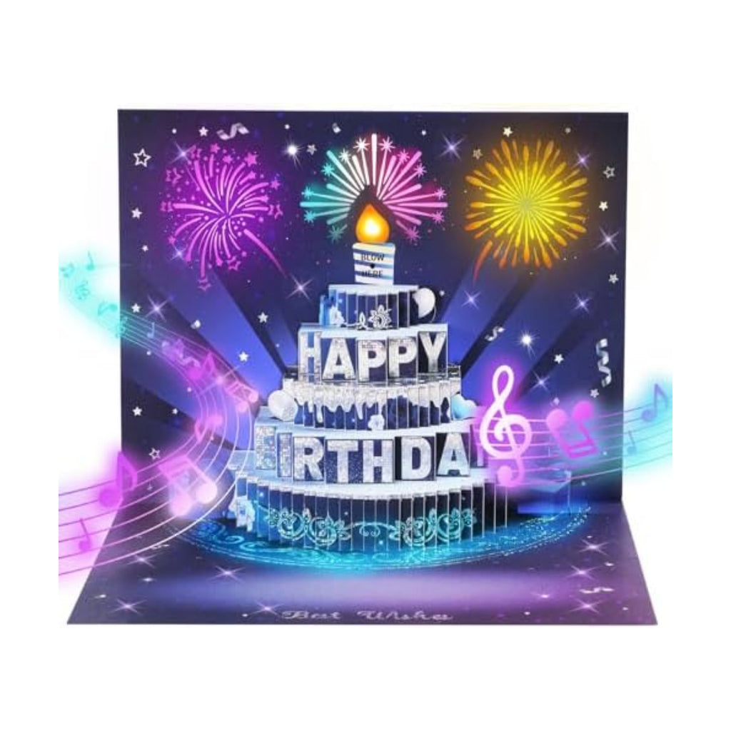APOTODITO Musical Birthday Cards, 3D Pop Up Card with Music and Light, Firework Birthday Cards with Interactive Blowable Candle, Gift for Her Him Mom Grandma Wife Husband (Blue and Silver)