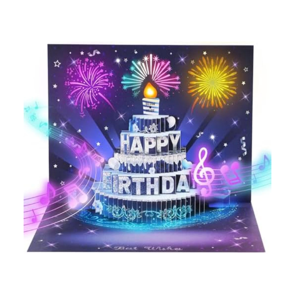 APOTODITO Musical Birthday Cards, 3D Pop Up Card with Music and Light, Firework Birthday Cards with Interactive Blowable Candle, Gift for Her Him Mom Grandma Wife Husband (Blue and Silver)