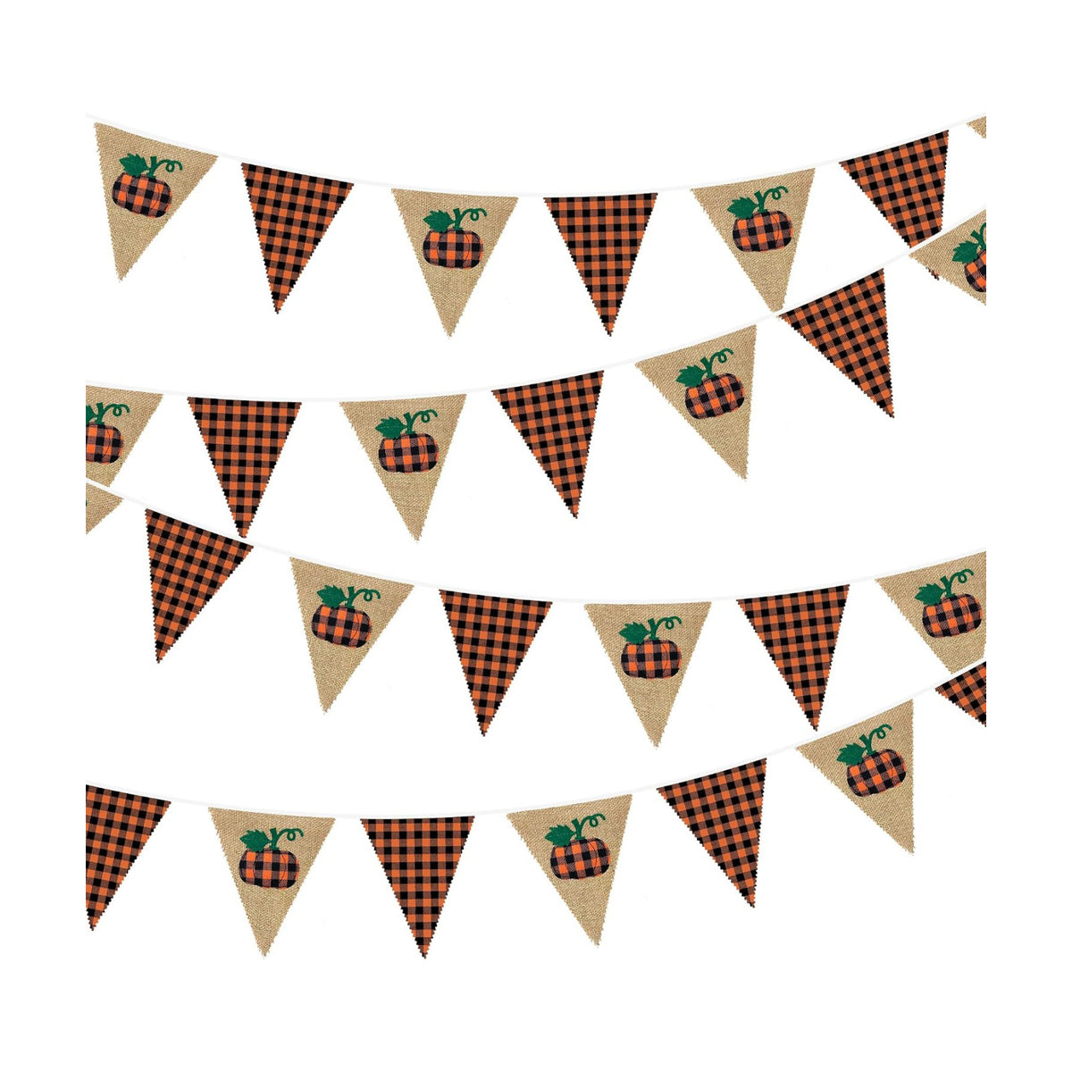 24Ft Burlap Banner - Fall Pumpkin Plaid Pennant Triangle Flag Garland Streamers - Fireplace Decor for Thanksgiving Day, Rustic Autumn Birthday Parties