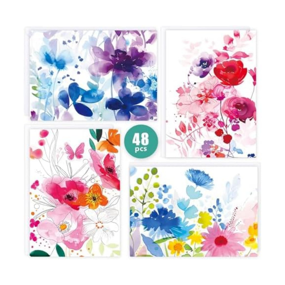 FUHITIM 48 Pack Blank Cards and Envelopes, Watercolor Flowers Blank Greeting Cards, Blank Cards for All Occasion