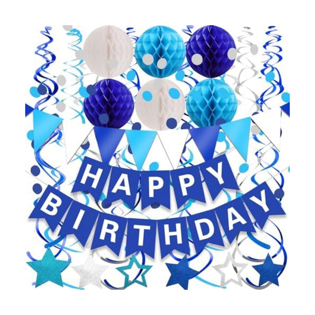 FECEDY Navy Blue Happy Birthday Paper Banner Flag Bunting Circle Confetti Garland Swirl Streamers Honeycomb Ball for Birthday Party Decorations
