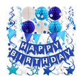 FECEDY Navy Blue Happy Birthday Paper Banner Flag Bunting Circle Confetti Garland Swirl Streamers Honeycomb Ball for Birthday Party Decorations