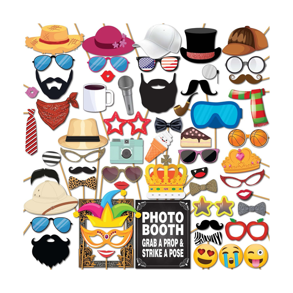 Party Photo Booth Props - 60-pc Photobooth Kit with 8 x 10-Inch Sign, 60 Adhesive Pads, 45 Sticks - Photobooth Props - Photo Props for Photo Booth - Props for Photobooth
