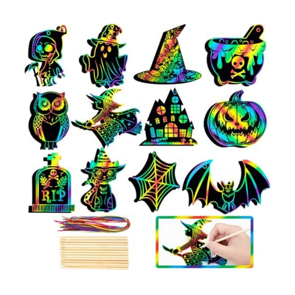 48 Pcs Halloween Scratch Art Crafts for Kids, Rainbow Scratch Art Cards Kit