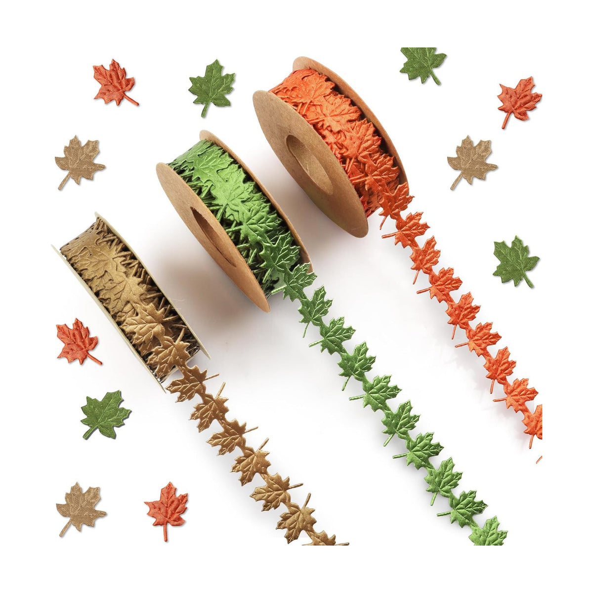 Threetols 3 Rolls 15 Yards Fall Ribbons, Green Brown Orange Thanksgiving Ribbons Maple Leaf Shape Craft Ribbons Trim Embellishment for Gift Wrapping Autumn Party Decoration