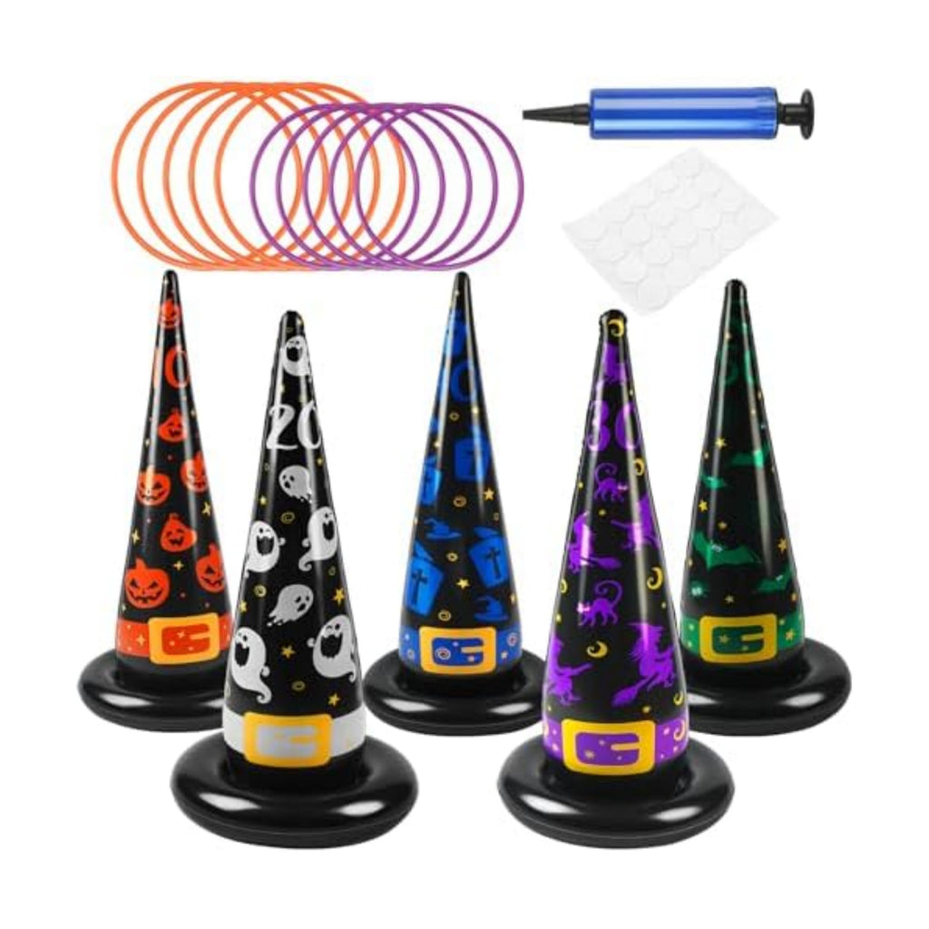 Halloween Ring Toss Games, 17PCS Inflatable Witch Hats Ring Toss Set with Plastic Rings Air Pump for Party Games Super Fun Halloween Games Activities for Kids Adults Indoor Outdoor