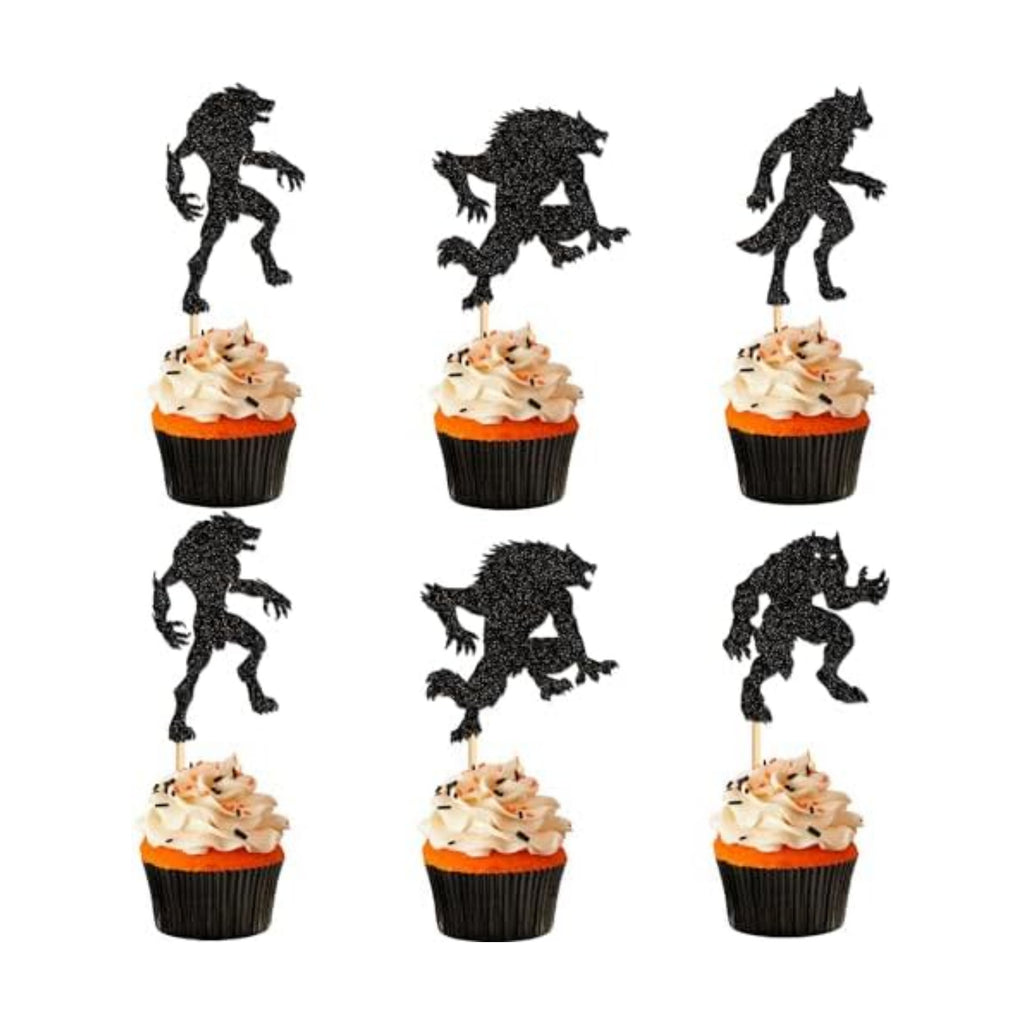 Ercadio 24PCS Werewolf Cupcake Toppers - Black Glitter Halloween Party Decorations for Wolf Birthday Cake Supplies