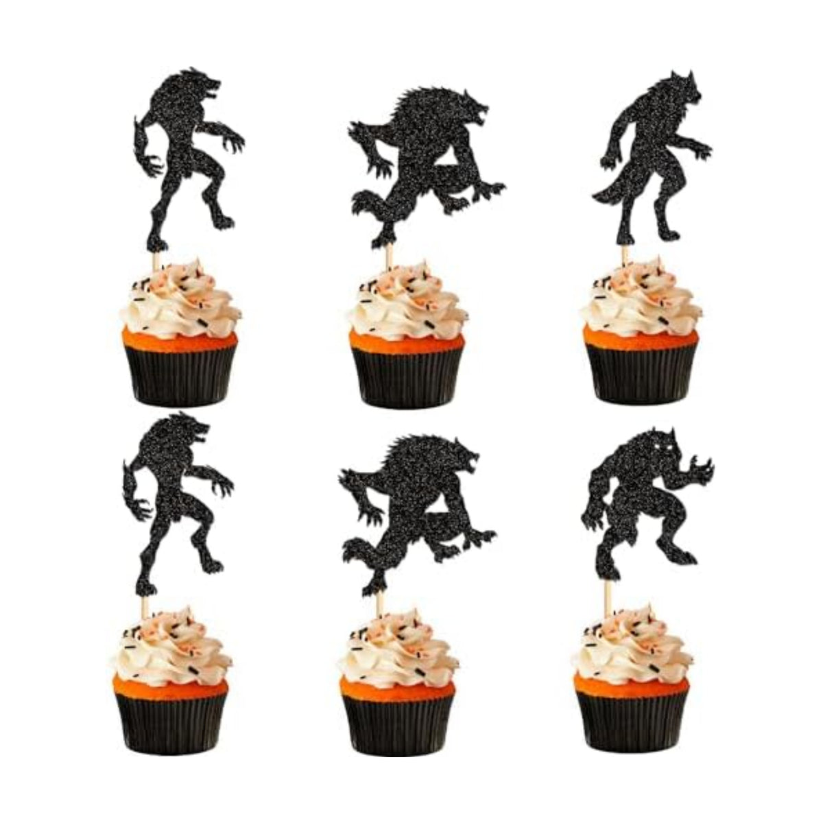 Ercadio 24PCS Werewolf Cupcake Toppers - Black Glitter Halloween Party Decorations for Wolf Birthday Cake Supplies