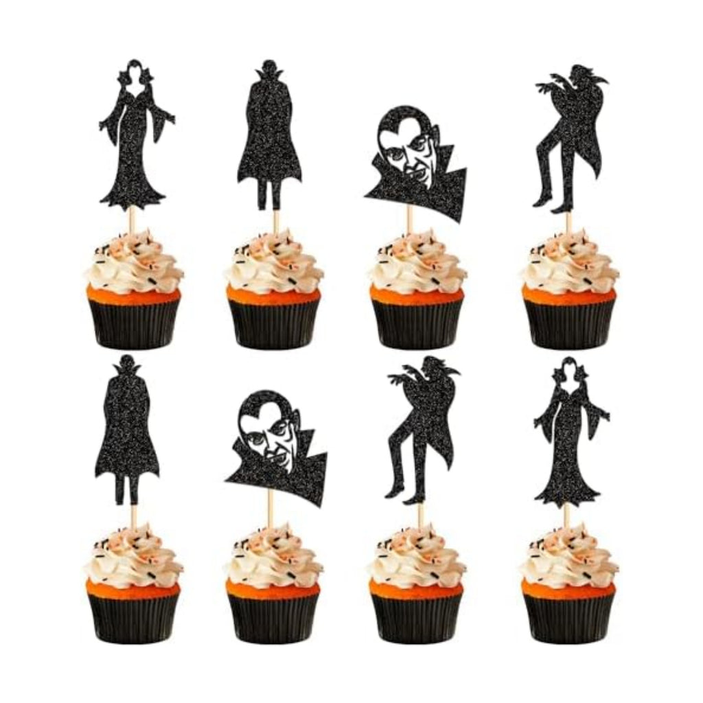 24Pcs Glitter Black Vampire Cupcake Toppers Halloween Cupcake Picks