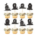 Ercadio 24PCS Halloween Tombstone Cupcake Toppers Glitter Black RIP Cemetery Graves Crow Cross Cupcake Picks for Halloween Theme Birthday Party Cake Decorations Supplies