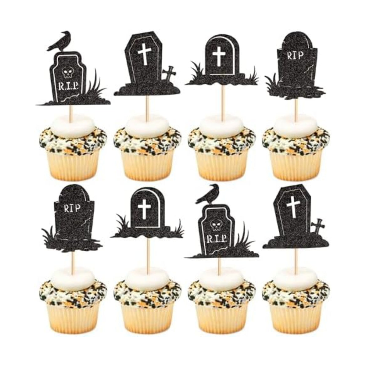 Ercadio 24PCS Halloween Tombstone Cupcake Toppers Glitter Black RIP Cemetery Graves Crow Cross Cupcake Picks for Halloween Theme Birthday Party Cake Decorations Supplies
