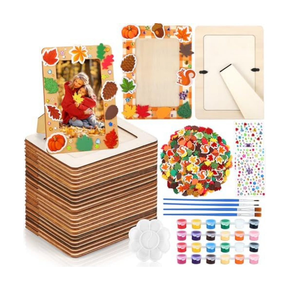 Fovths 24 Packs Fall Picture Frame Painting Craft Kit with Foam Stickers Rhinestone Stickers Painting Tools Set Brushes Unfinished Wooden Photo Frames Thanksgiving Decoration for Paint and Decorate
