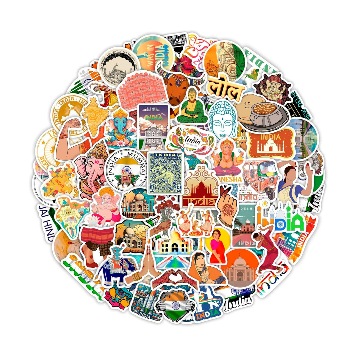 100Pcs India Stickers for Water Bottle and Laptop - India Party Supplies & Decorations, Waterproof Vinyl Decals, Indian Flag and Culture Stickers, Gifts for Women & Men
