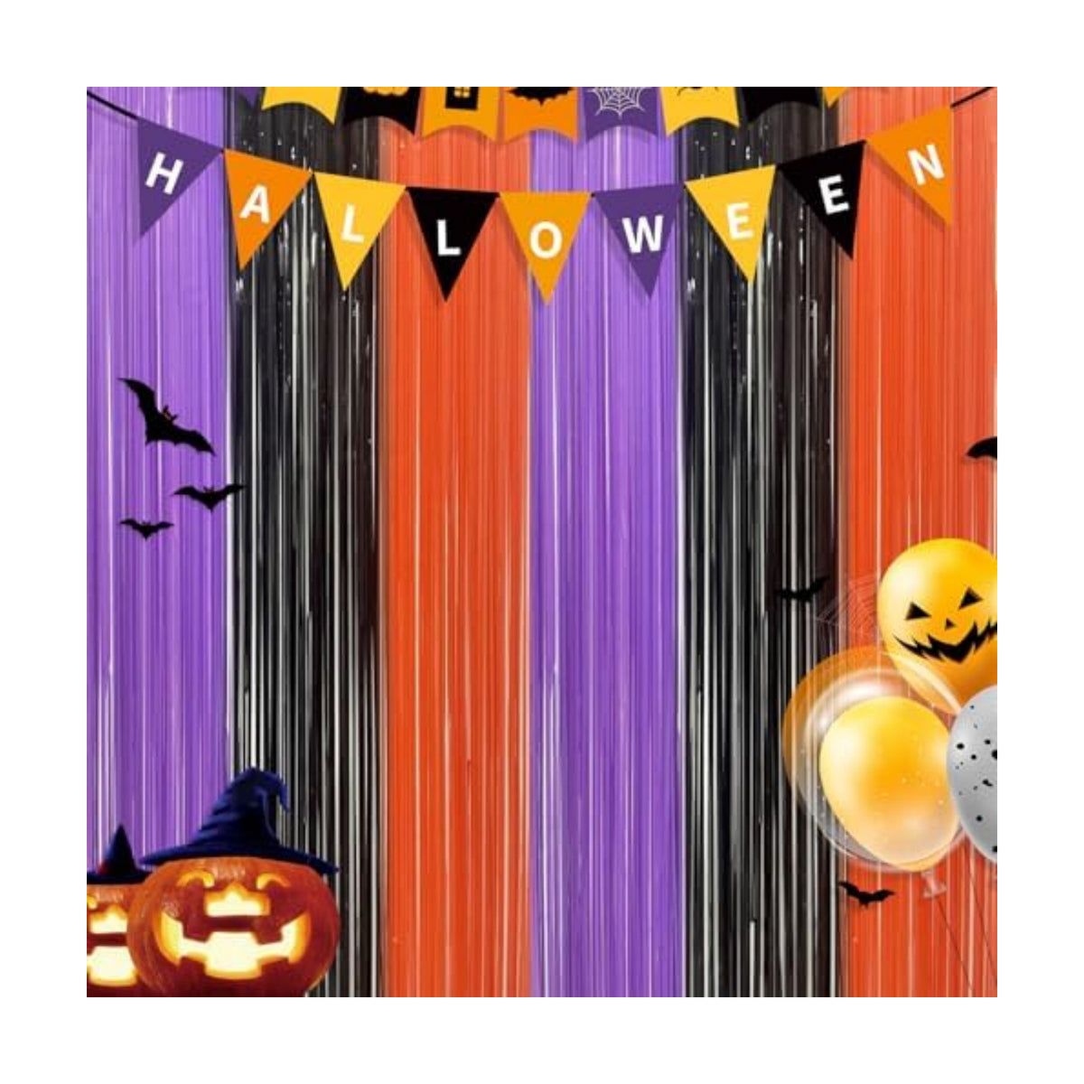 3 Pack Halloween Foil Fringe Curtains - 3.2ft x 6.6ft Black Purple Orange Foil Fringe Curtains Photo Booth Backdrop for Halloween & Birthday Party (Style B)