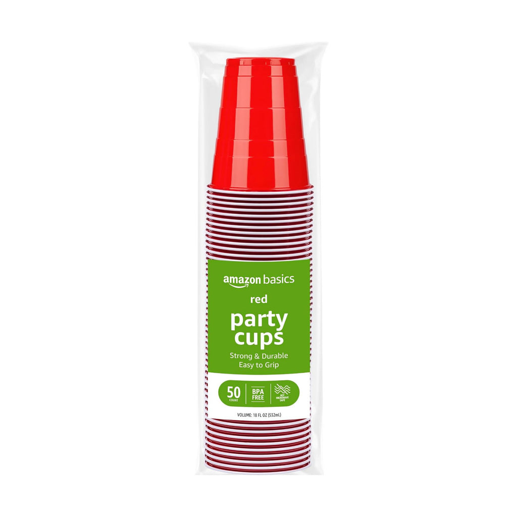 Amazon Basics Disposable Plastic Party Cups, Red, 18oz, 120 Count, Large Pack, Packaging May Vary