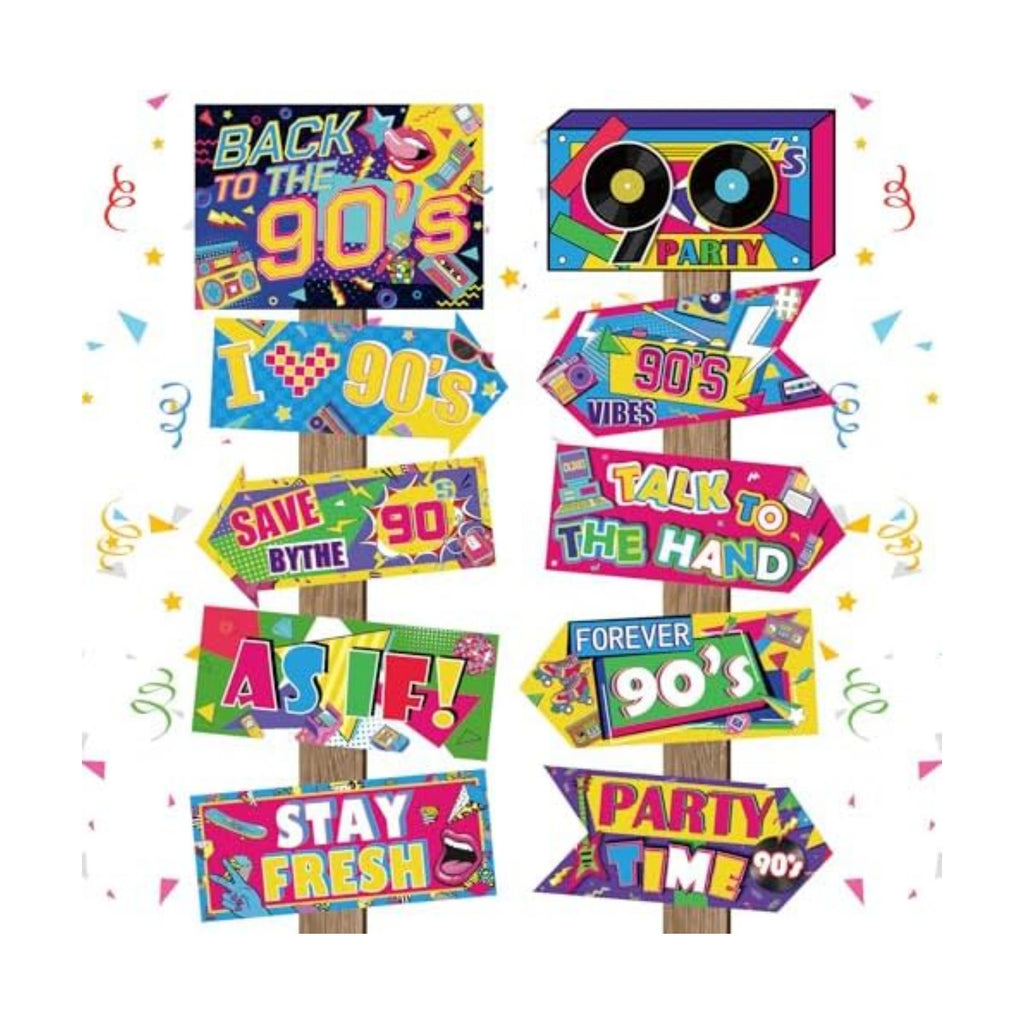 Hooqict 20 Pieces 90s Party Decorations Sign Retro Hip Hop Party Sign for Back to The 90s Adults Neon Throwback Birthday Party Supplies
