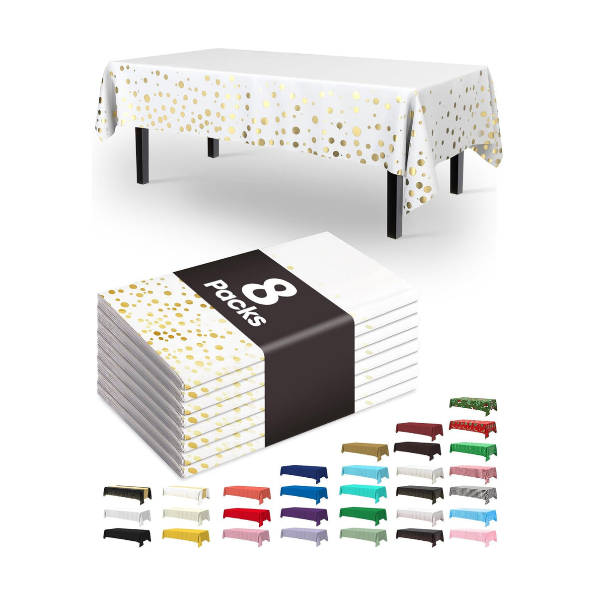 Pureegg Plastic Table Cloth Disposable 8 Pack 54 x 108 Inch, White Gold