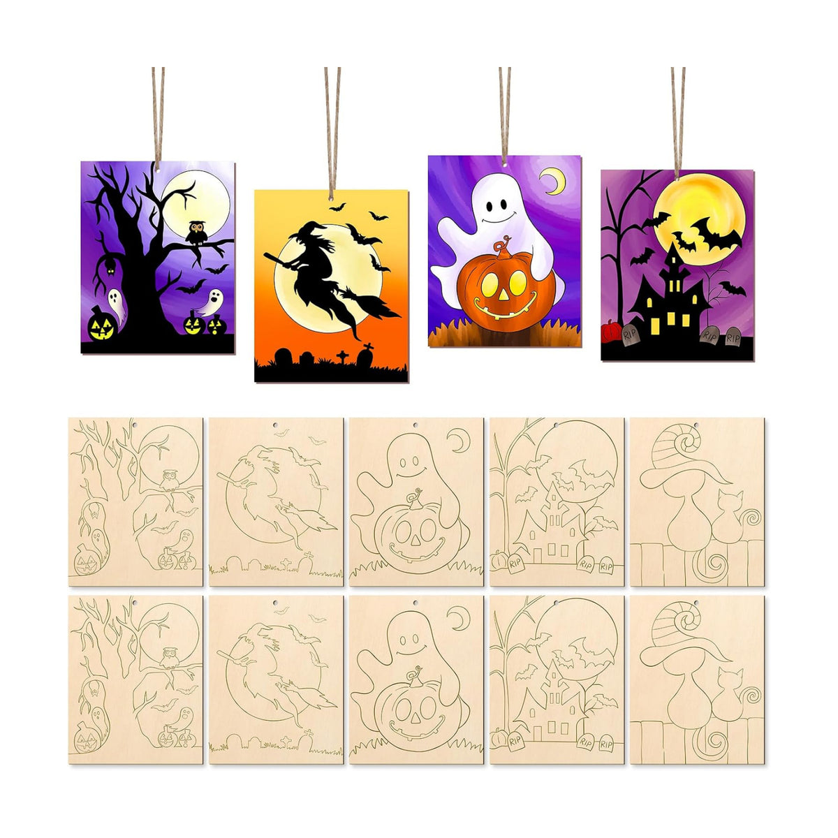 COCHIE 10PCS Large Halloween Unfinished Wood Crafts to Paint for Adults, Bulk Predrilled Wooden Ornaments for Painting, Ghost Witch Bats Paintable Wood Slices Craft Supplies with Ropes