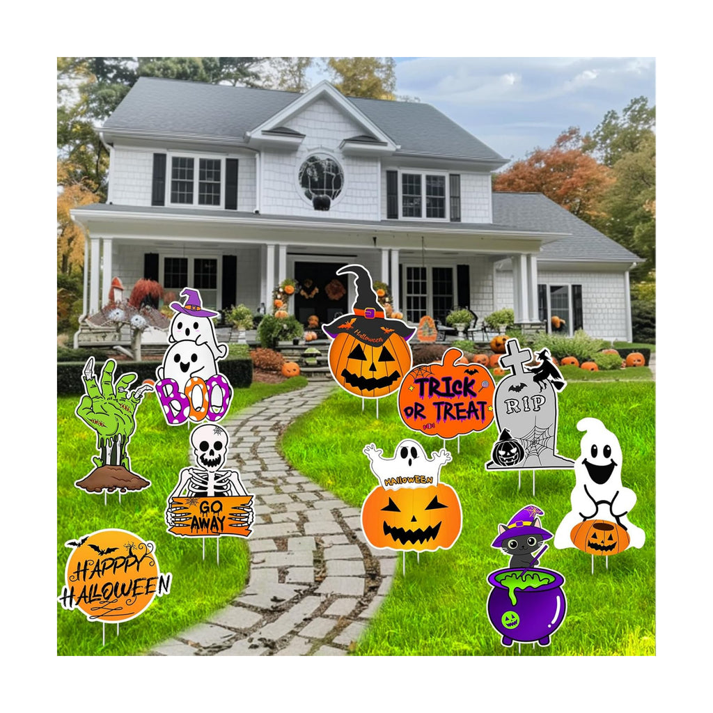10 PCS Cute Halloween Decorations Outdoor Yard Signs,Large Yard Stakes Signs Pumpkin Ghost,Halloween Lawn Decoration for Family Friendly Kids Home Party Plastic Halloween Yard Stakes