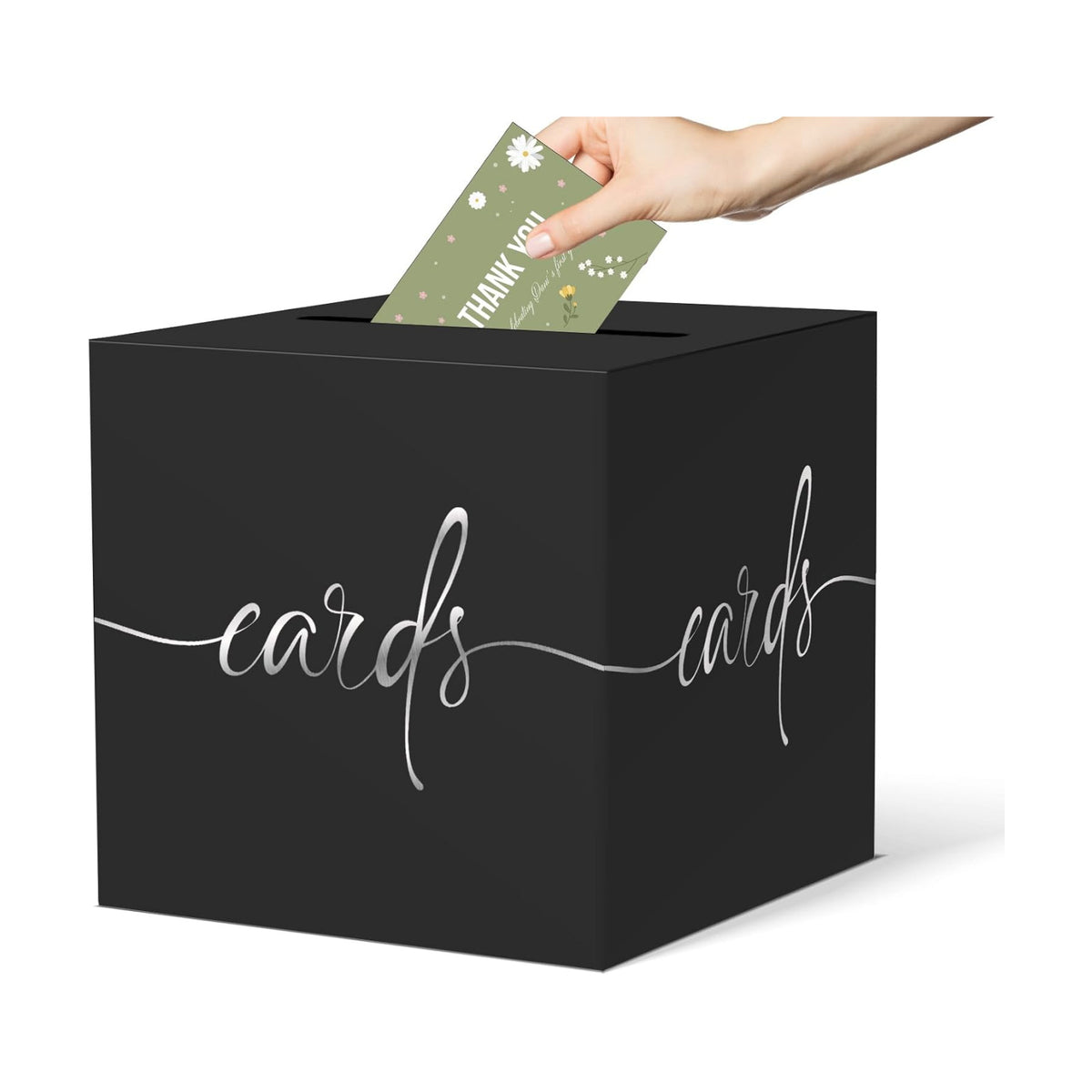 Black Card Box with Silver Foil Design, Paperboard 8.7" Gift Card Holder for Wedding Graduation Birthday Party Reception Retirement Anniversary Bridal & Baby Shower