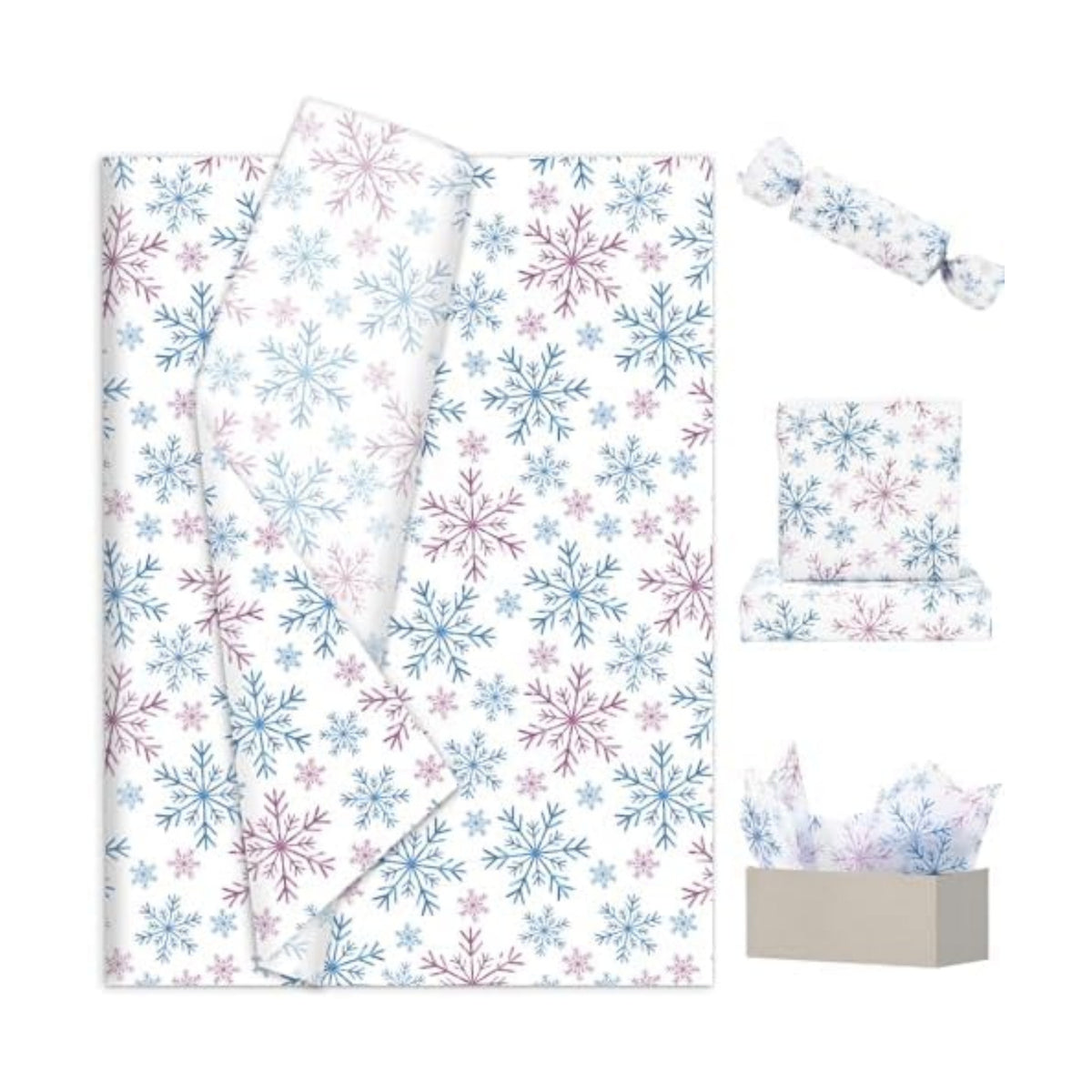 JarThenaAMCS 100 Sheets Christmas Tissue Paper Blue Purple Snowflake Gift Wrapping Paper Watercolor Art Papers for Winter Xmas DIY Crafts Supplies, 14 x 20 Inch