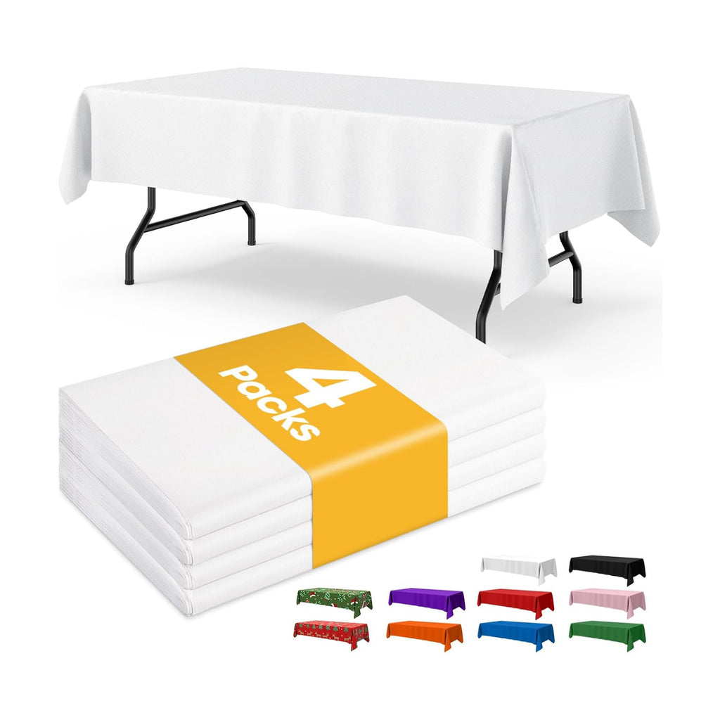Niuara White Plastic Table Cloth - 4 Pack 54" × 108" Rectangle Disposable Tablecloths for 6FT Tables, Table Cover for Party, Holiday & Gathering Use