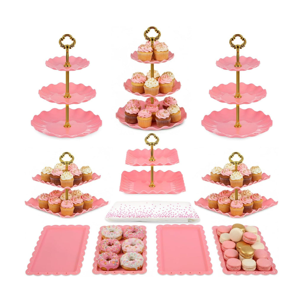 Pack of 11 NWK Cake Stand Set of Cupcake Stand, Tray & Table Cloth (Pink)